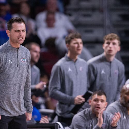 Florida head coach Todd Golden reacts during the first half against South Carolina in an NCAA college basketball game Wednesday, Jan. 28, 2026, in Columbia, S.C. (AP Photo/Scott Kinser)