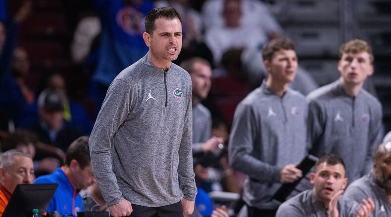 Florida head coach Todd Golden reacts during the first half against South Carolina in an NCAA college basketball game Wednesday, Jan. 28, 2026, in Columbia, S.C. (AP Photo/Scott Kinser)