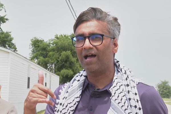 Badar Khan Suri, a Georgetown University scholar from India, speaks after he was released from immigration detention facility Wednesday, May 14, 2025, in Alvarado, Texas. (AP Photo/Kendria LaFleur)