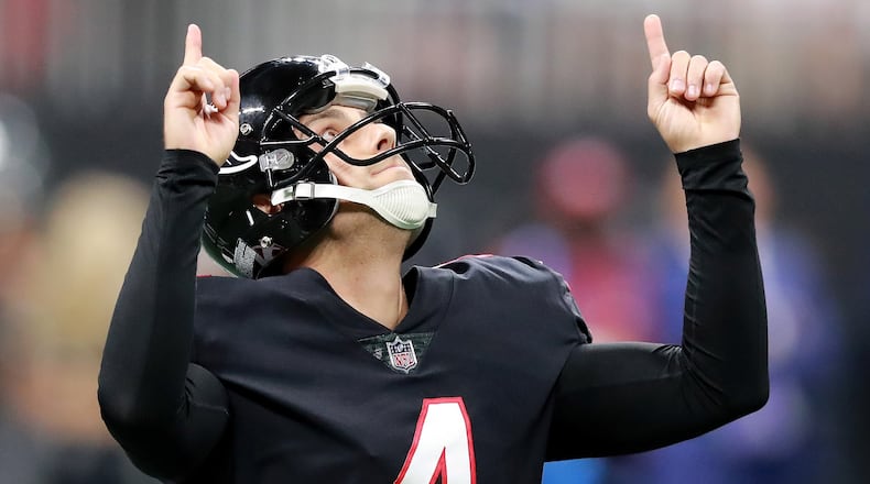 Atlanta Falcons replacement kicker Giorgio Tavecchio reacts to making his third field goal of the game against the New York Giants during the fourth quarter during a 23-20 victory in a NFL football game on Monday, Oct 22, 2018, in Atlanta. Curtis Compton/ccompton@ajc.com