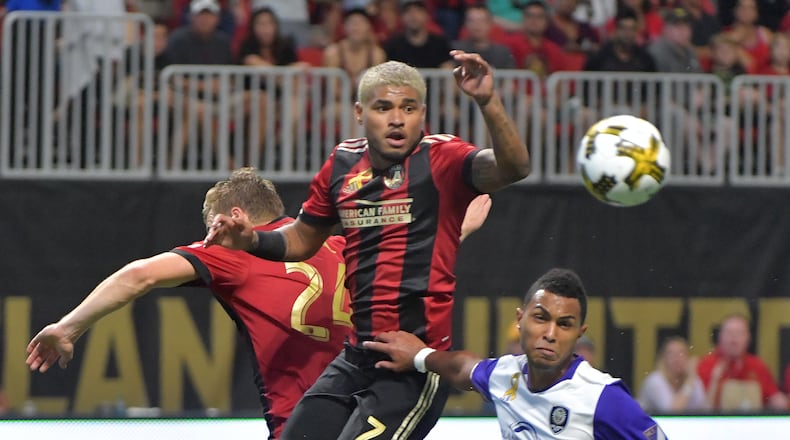 September 16, 2017 Atlanta - Atlanta United forward Josef Martinez (7) heads the ball in the second half of an MLS soccer match at the Mercedes-Benz Stadium on Saturday, September 16, 2017. HYOSUB SHIN / HSHIN@AJC.COM