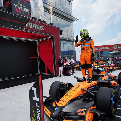 McLaren driver Lando Norris of Britain reacts after winning a sprint auto race at the Miami Formula One Grand Prix, Saturday, May 2, 2026, in Miami Gardens, Fla. (AP Photo/Rebecca Blackwell)