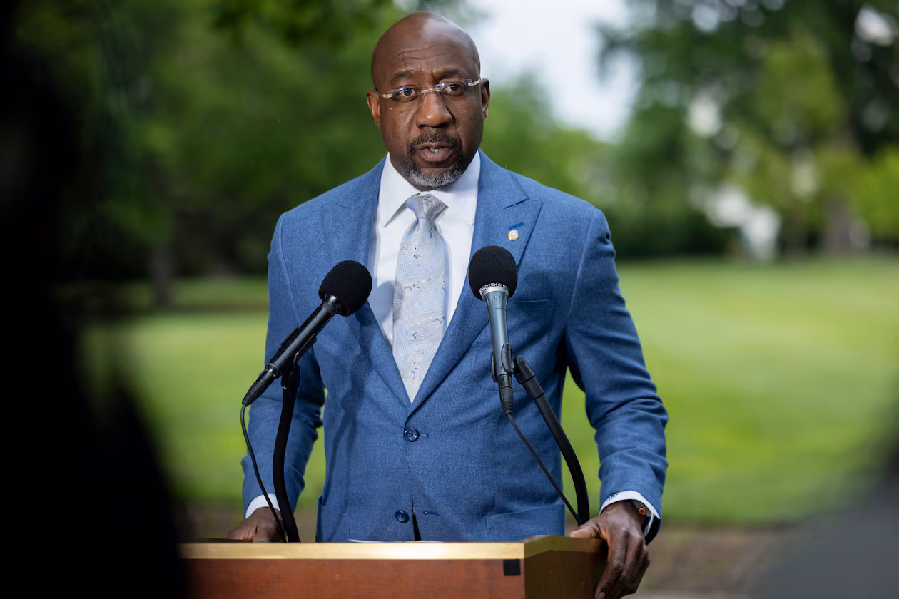 U.S. Sen. Raphael Warnock, D-Ga. (lives in Atlanta), speaks at a press conference on the Voting Rights Act, across the street from the Supreme Court, in Washington, D.C., on April 29, 2026. (Nathan Posner for the AJC)