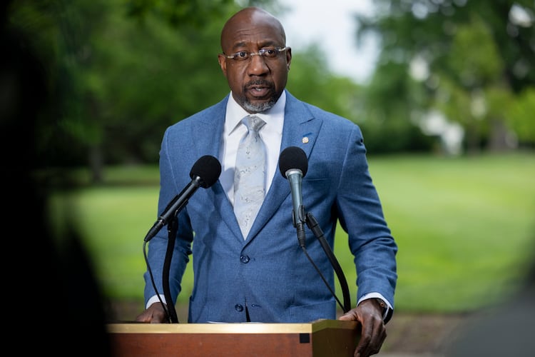 U.S. Sen. Raphael Warnock, D-Ga. (lives in Atlanta), speaks at a press conference on the Voting Rights Act, across the street from the Supreme Court, in Washington, D.C., on April 29, 2026. (Nathan Posner for the AJC)