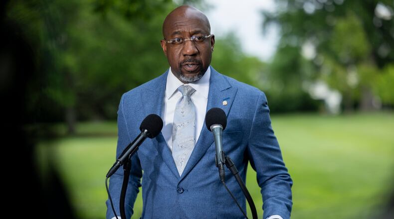 U.S. Sen. Raphael Warnock, D-Ga. (lives in Atlanta), speaks at a press conference on the Voting Rights Act, across the street from the Supreme Court, in Washington, D.C., on April 29, 2026. (Nathan Posner for the AJC)