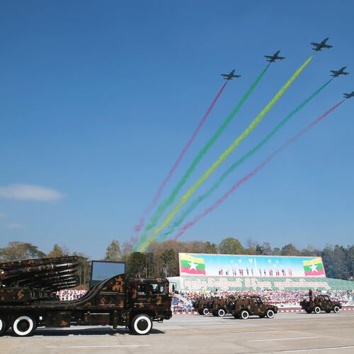 FILE Myanmar's military tanks are driven while military fighter planes fly over during a ceremony marking Myanmar's 75th anniversary of Independence Day in Naypyitaw, Myanmar, on Jan. 4, 2023. (AP Photo/Aung Shine Oo, File)