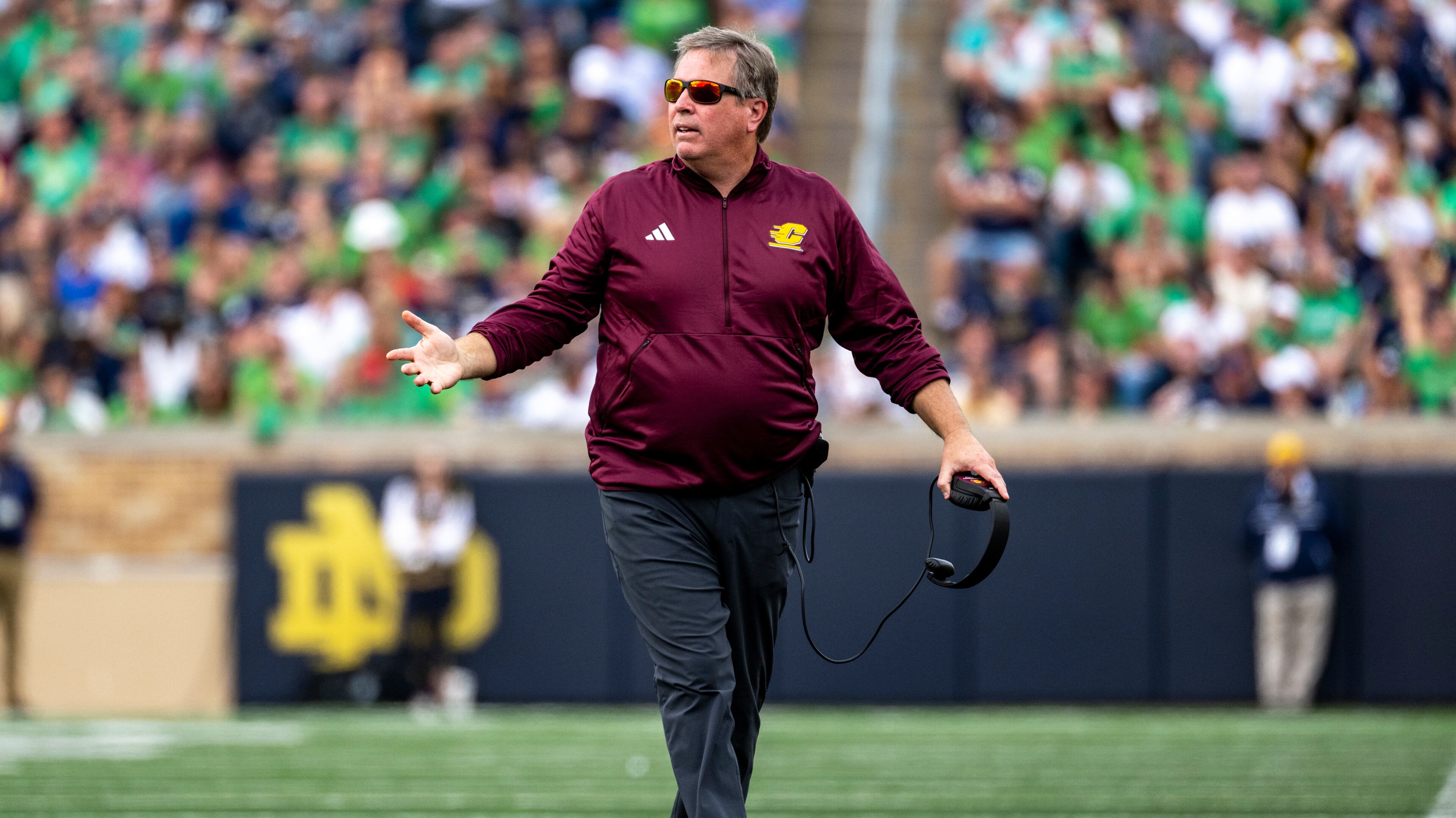 FILE - Central Michigan head coach Jim McElwain reacts during an NCAA football game against Notre Dame on Sept. 16, 2023, in South Bend, Ind. (AP Photo/Doug McSchooler, File)
