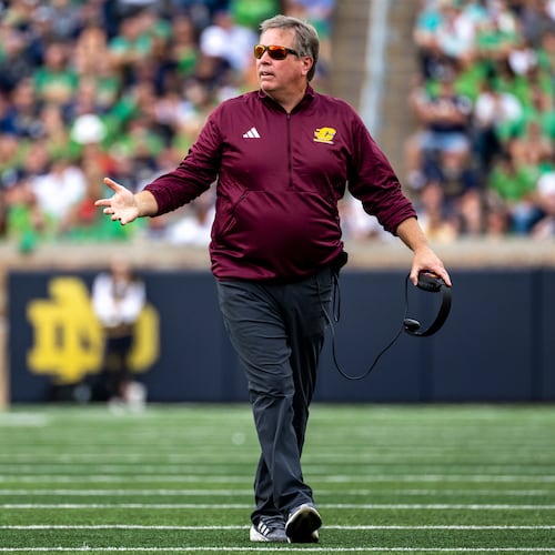 FILE - Central Michigan head coach Jim McElwain reacts during an NCAA football game against Notre Dame on Sept. 16, 2023, in South Bend, Ind. (AP Photo/Doug McSchooler, File)