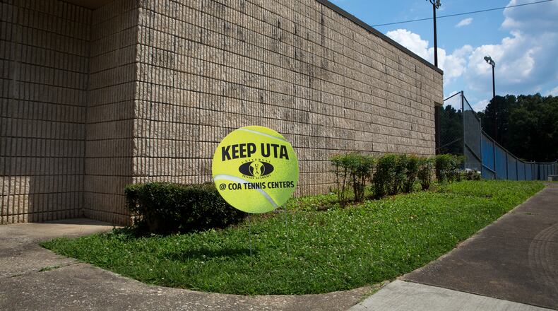 A "KEEP UTA" sign is seen at Joseph D. McGhee Tennis Center in Atlanta, Ga., on Friday, June 28, 2019. (Casey Sykes for The Atlanta Journal-Constitution)