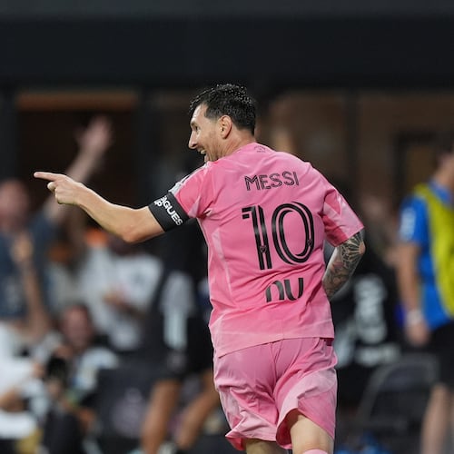 Inter Miami forward Lionel Messi (10) celebrates after scoring his side's third goal during the first half of a Leagues Cup soccer match against Atletico de San Luis, Wednesday, Aug. 5, 2026, in Miami. (AP Photo/Rebecca Blackwell)