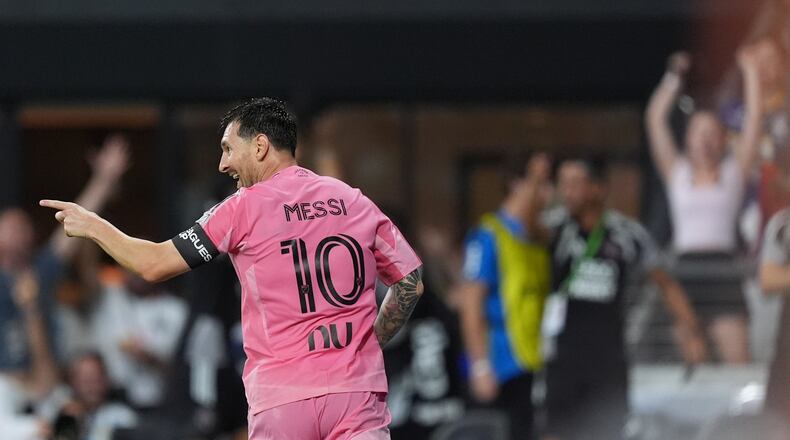 Inter Miami forward Lionel Messi (10) celebrates after scoring his side's third goal during the first half of a Leagues Cup soccer match against Atletico de San Luis, Wednesday, Aug. 5, 2026, in Miami. (AP Photo/Rebecca Blackwell)
