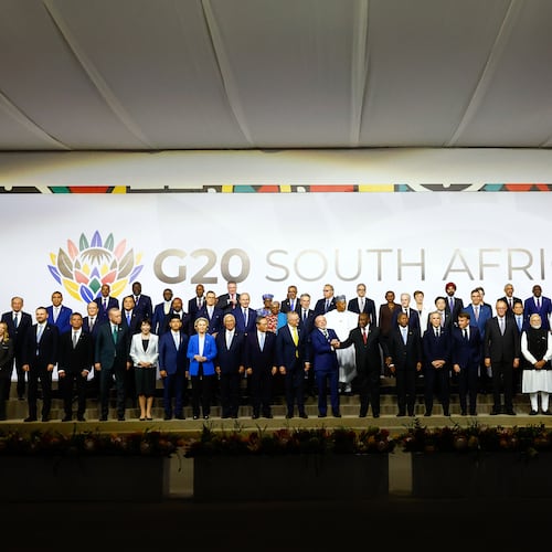 Leaders and delegates pose for a group photo, on the opening day of the G20 Leaders' Summit, in Johannesburg, South Africa, Saturday, Nov. 22, 2025. (Thomas Mukoya/Pool Photo via AP)