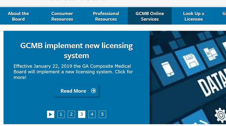 The Georgia Composite Medical Board licenses doctors and other medical professionals within the state. The board is currently implementing a new computer system for licensing. The state Legislature is contemplating a far bigger change to medical licensing, a bill that would allow Georgia and other states to accept one another’s licenses. (Photo: Screenshot of GCMB website)