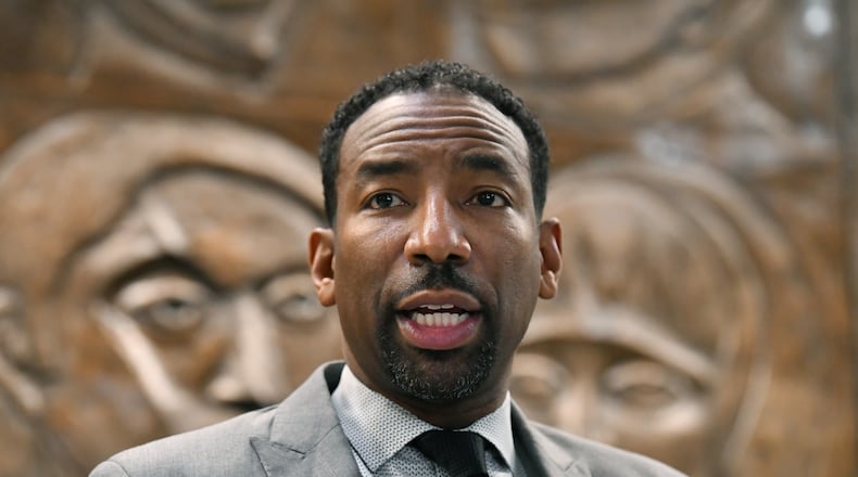 Mayor Andre Dickens speaks during a press conference at Atlanta City Hall on Thursday, February 3, 2022. (Hyosub Shin / Hyosub.Shin@ajc.com)