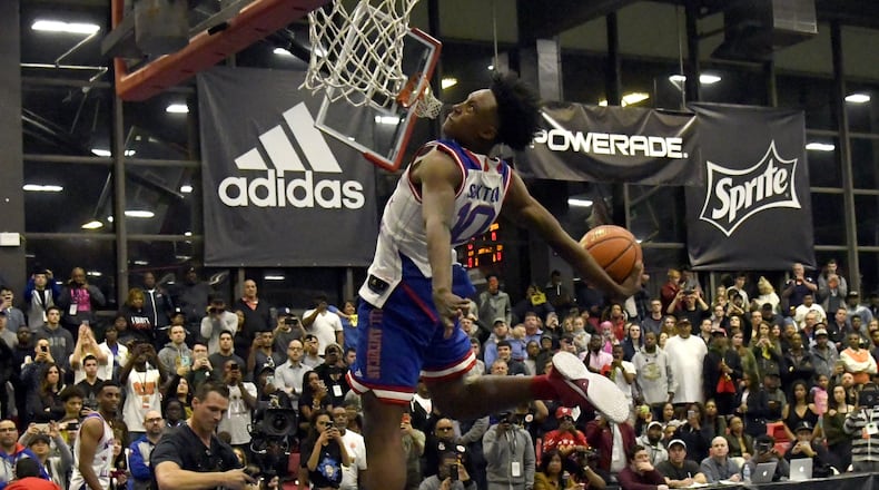 Collin Sexton, of Mableton  dunks during the 2017 McDonald's All American games POWERADE Jam Fest on March 27,  2017,   in Chicago.
