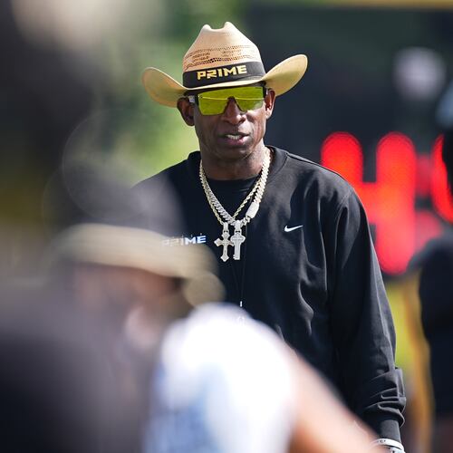 Colorado head coach Deion Sanders looks on during a practice at an NCAA college football training camp in Fountain, Colo., Thursday, Aug. 6, 2026. (AP Photo/David Zalubowski)