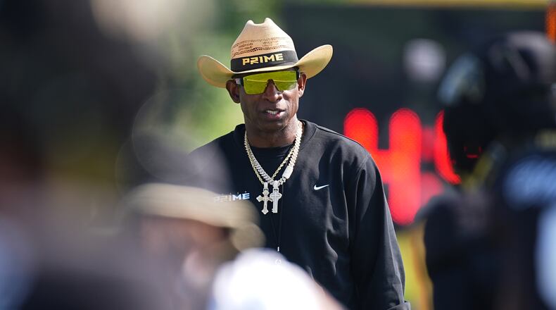 Colorado head coach Deion Sanders looks on during a practice at an NCAA college football training camp in Fountain, Colo., Thursday, Aug. 6, 2026. (AP Photo/David Zalubowski)
