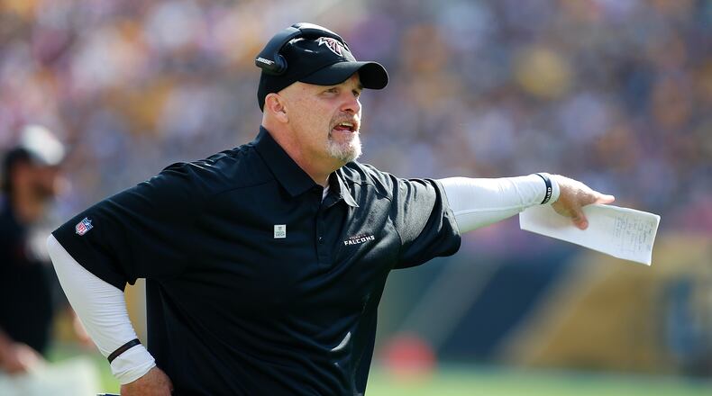 Falcons coach Dan Quinn makes his point during disappointing second half in Pittsburgh. (Justin K. Aller/Getty Images)