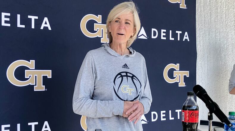 Georgia Tech women's basketball coach Nell Fortner met the media Tuesday. (Photo by Ken Sugiura/AJC)