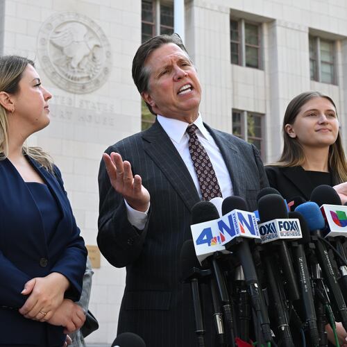 FILE - Attorney Mark Lanier speaks during a news conference after the verdict in a landmark trial over whether social media platforms deliberately addict and harm children at Los Angeles Superior Court, March 25, 2026, in Los Angeles. (AP Photo/William Liang, File)