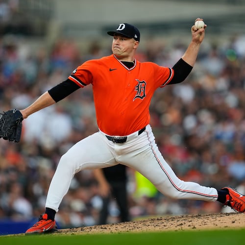 Detroit Tigers pitcher Tarik Skubal throws against the Kansas City Royals during the seventh inning of a baseball game Friday, July 24, 2026, in Detroit. (AP Photo/Paul Sancya)