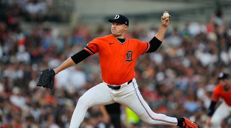 Detroit Tigers pitcher Tarik Skubal throws against the Kansas City Royals during the seventh inning of a baseball game Friday, July 24, 2026, in Detroit. (AP Photo/Paul Sancya)