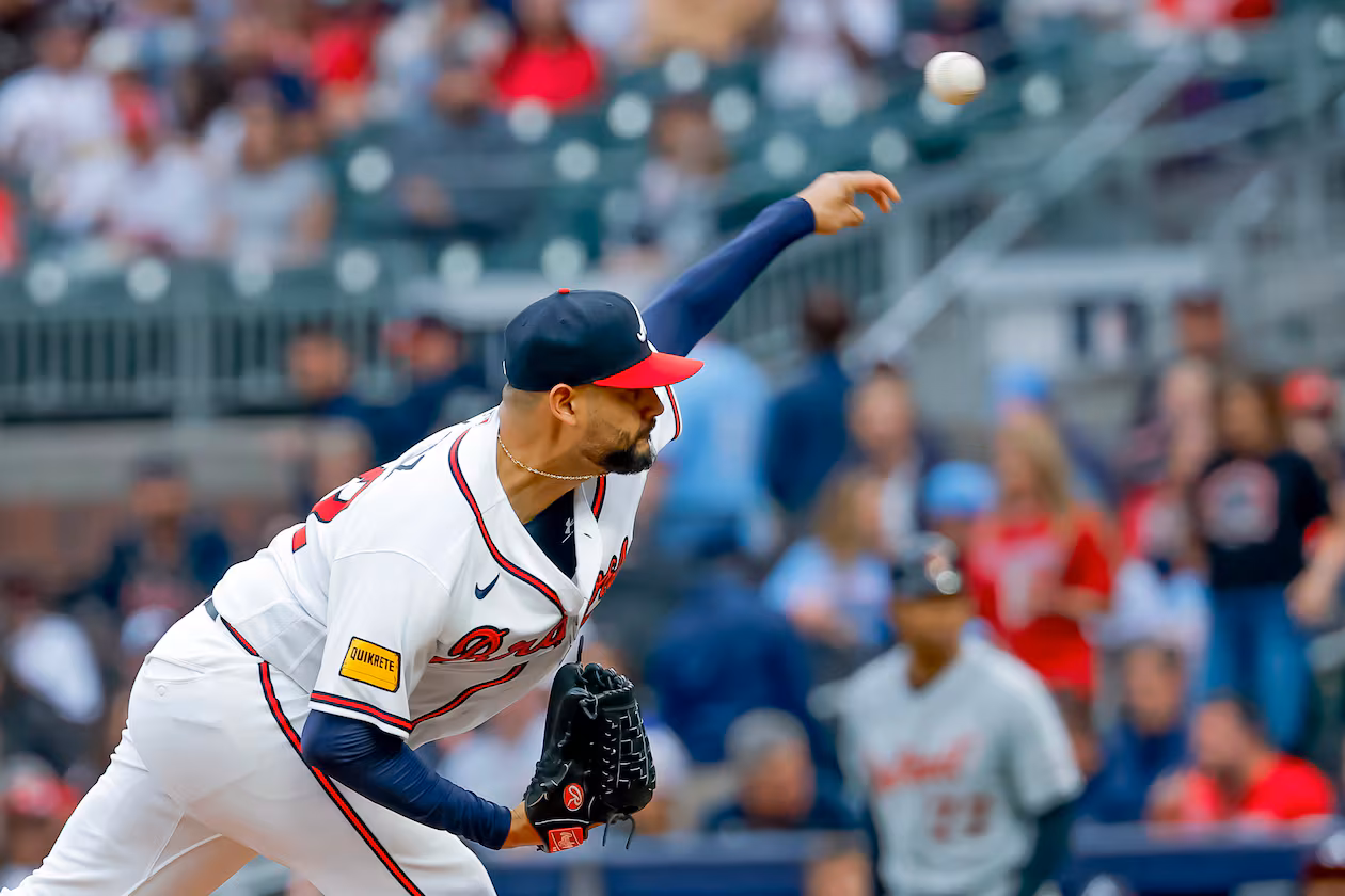 Atlanta Braves pitcher Martin Perez delivers to a Detroit Tigers batter during the first inning of a baseball game against the Detroit Tigers, Tuesday, April 28, 2026, in Atlanta. (Erik S. Lesser/AP)