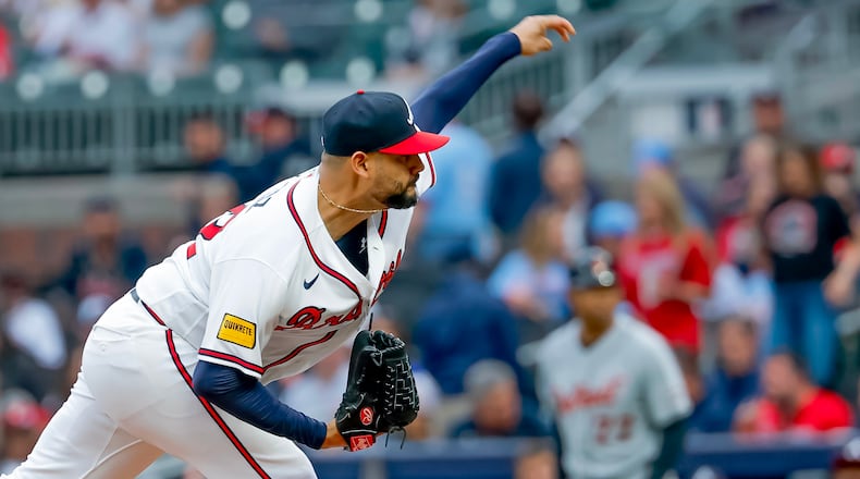 Atlanta Braves pitcher Martin Perez delivers to a Detroit Tigers batter during the first inning of a baseball game against the Detroit Tigers, Tuesday, April 28, 2026, in Atlanta. (Erik S. Lesser/AP)
