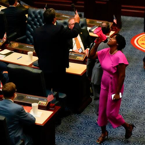 State Rep. Angie Nixon, D-Fla., speaks loudly on the House floor as the House voted on HB1D, a redistricting bill, during a special session of the Florida Legislature, Wednesday, April 29, 2026, in Tallahassee, Fla. (AP Photo/Mike Stewart)
