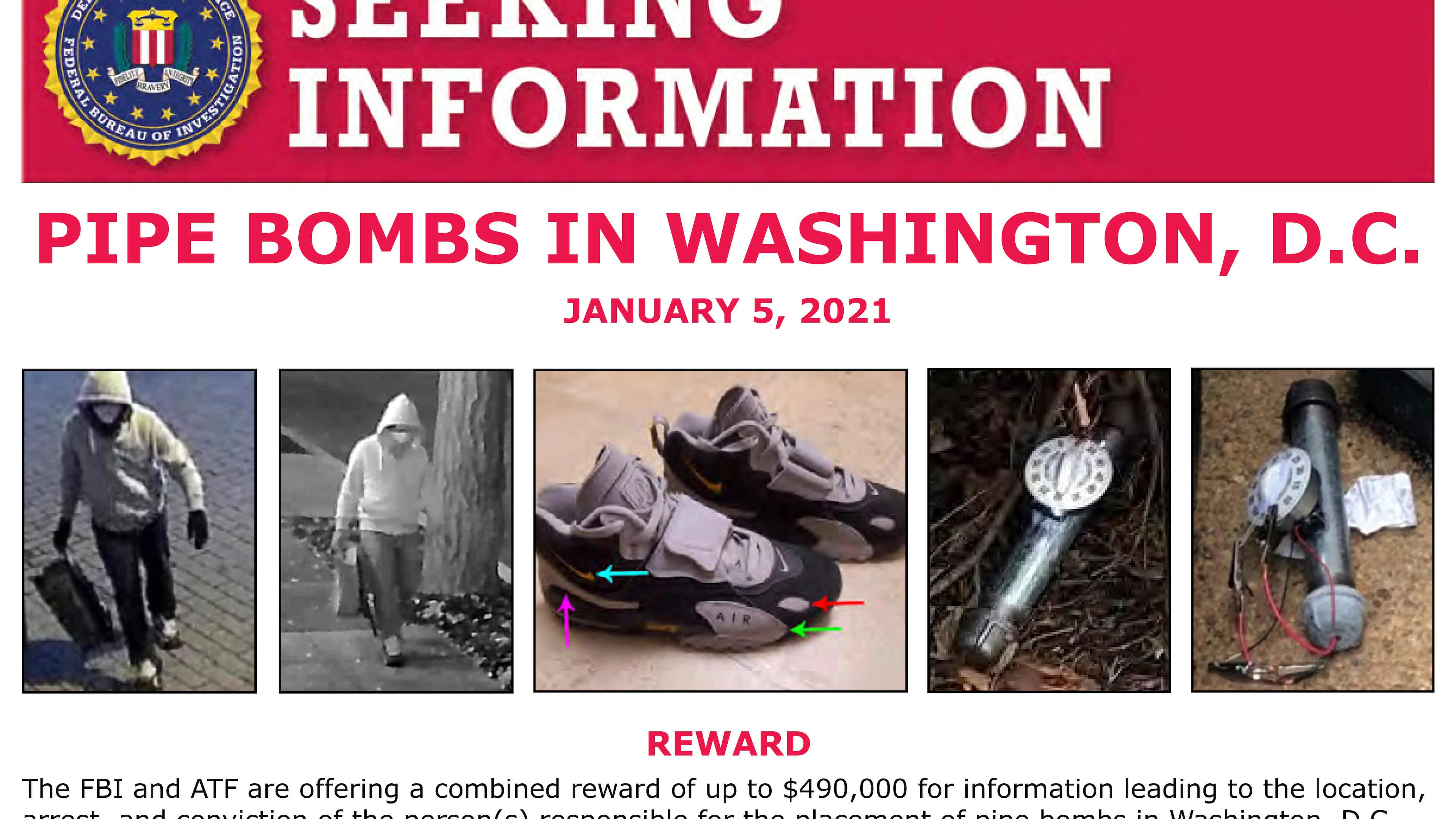 FILE - This image shows part of a "Seeking Information" notice released by the Federal Bureau of Investigation regarding pipe bombs planted outside offices of the Democratic and Republican national committees in Washington on Jan. 5, 2021, on the eve of the attack on the Capitol. (FBI via AP, File)