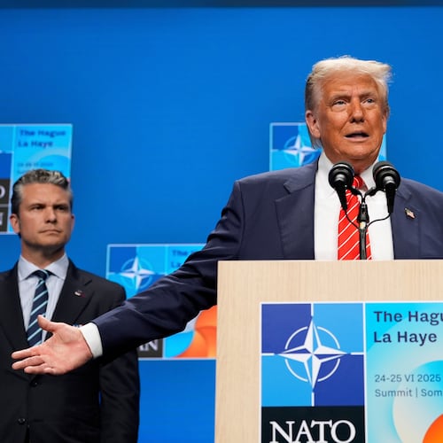 FILE - President Donald Trump speaks during a media conference at the end of the NATO summit as Secretary of State Marco Rubio, right, and Defense Secretary Pete Hegseth listen in The Hague, Netherlands, June 25, 2025. (AP Photo/Alex Brandon, File)