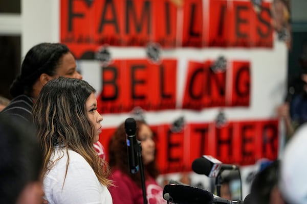 Jennifer Vasquez Sura, wife of Kilmar Abrego Garcia speaks during a news conference Wednesday, June 25, 2025, in Nashville, Tenn. (AP Photo/George Walker IV)