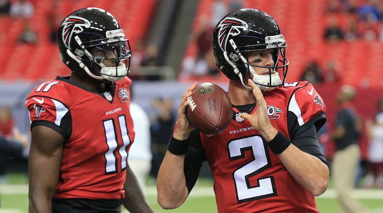 Falcons quarterback Matt Ryan and wide receiver Julio Jones prepare to play the Houston Texans on Sunday, Oct. 4, 2015, in Atlanta.