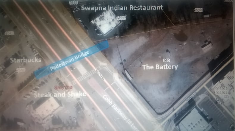 Funding partners for the $8.5 million pedestrian bridge will include Smyrna, the Cumberland Community Improvement District and the Braves Development Company, pending approval by the Atlanta Regional Commission and voter approval of SPLOST in November. (Courtesy of Smyrna)