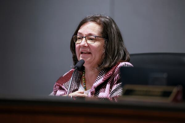 Dunwoody Mayor Lynn Deutsch speaks during Dunwoody’s City Council meeting at Dunwoody City Hall.  She expressed concerns about the number of agencies with access to Dunwoody’s surveillance network and asked for the city's contract to be revised. (Jason Getz/AJC)