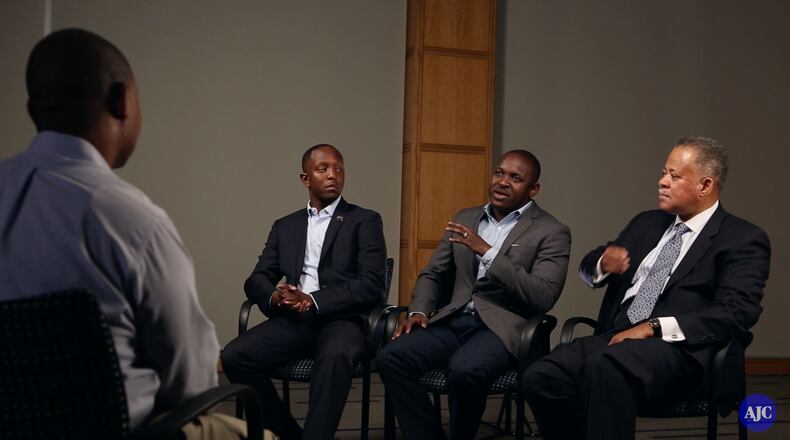 Morehouse College graduates (from left to right) Courtney English, Howard Franklin and the Rev. Anthony Motley talk about the current state of the college, its future and about historically black colleges and universities. RYON HORNE / RHORNE@AJC.COM
