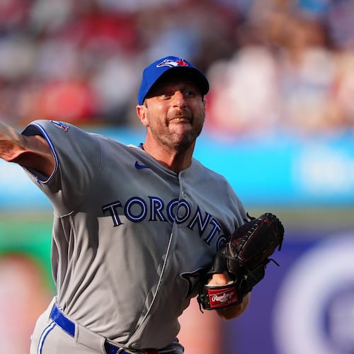 Toronto Blue Jays pitcher Max Scherzer throws during the first inning of a baseball game against the Philadelphia Phillies, Saturday, Aug. 8, 2026, in Philadelphia. (AP Photo/Derik Hamilton)