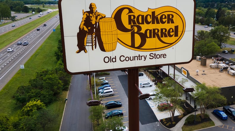 FILE - This aerial photo taken with a drone shows a Cracker Barrel restaurant in Binghamton, N.Y., Aug. 23, 2025. (AP Photo/Ted Shaffrey, File)