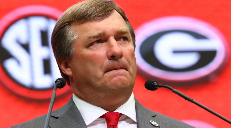 Georgia coach Kirby Smart speaks at SEC Media Days in the College Football Hall of Fame on Wednesday, July 20, 2022, in Atlanta.   “Curtis Compton / Curtis Compton@ajc.com”
