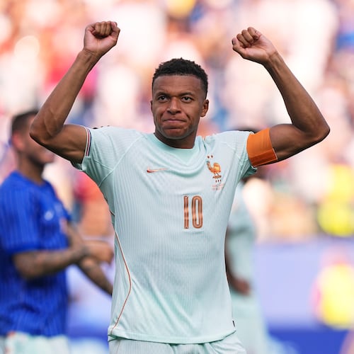 France's Kylian Mbappe celebrates after France defeated Morocco during the World Cup quarterfinal soccer match between France and Morocco in Foxborough, Mass., near Boston, Thursday, July 9, 2026. (AP Photo/Martin Meissner)
