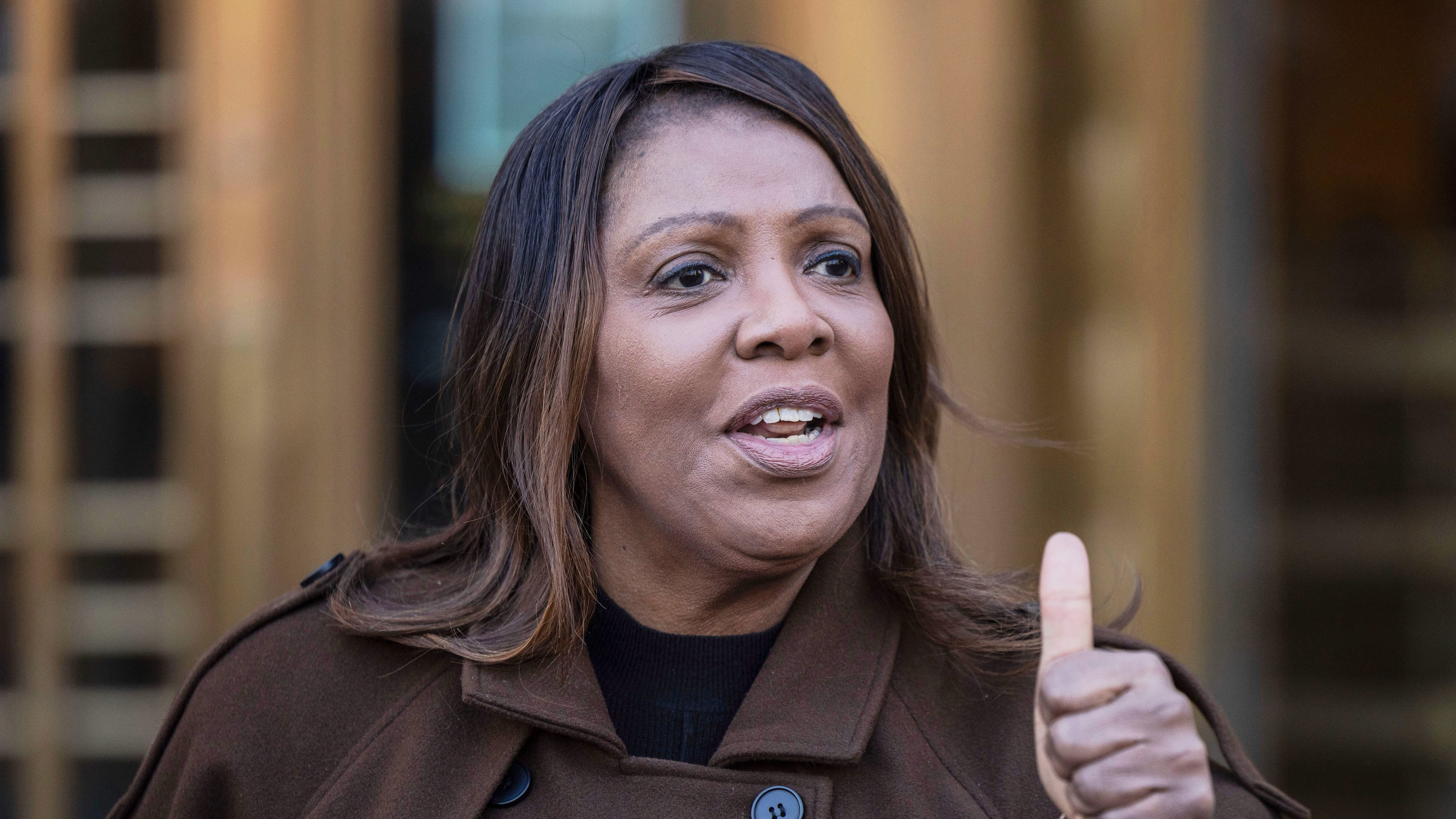 FILE - New York Attorney General Letitia James speaks during a news conference outside Manhattan federal court, Feb. 14, 2025, in New York. (AP Photo/Yuki Iwamura, File)