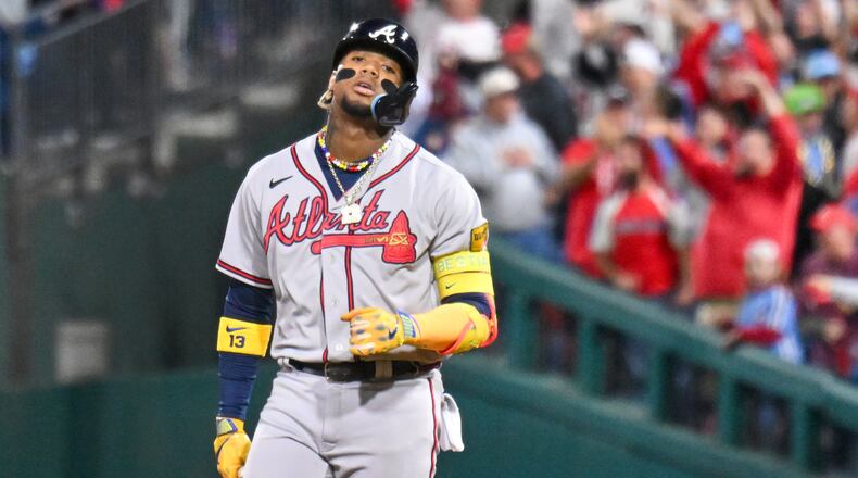 Atlanta Brave’ Ronald Acuna Jr. reacts after a fly out to the Philadelphia Phillies during the seventh inning of NLDS Game 4 at Citizens Bank Park in Philadelphia on Thursday, Oct. 12, 2023. (Hyosub Shin / Hyosub.Shin@ajc.com)