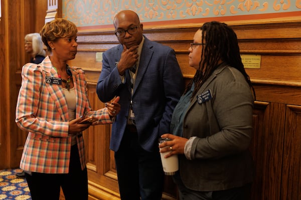 State Sen. Sonya Halpern (from left), D-Fulton, Senate Minority Leader Harold Jones II, D-Augusta, and state Sen. Kim Jackson, D-Stone Mountain, speak before voting on Saturday, June 20, 2026. (Estela Muñoz/AJC)