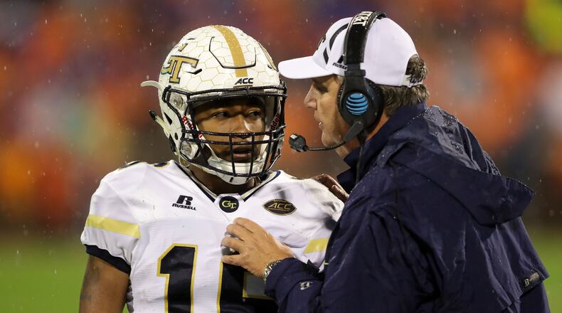 CLEMSON, SC - OCTOBER 28:  (L-R) TaQuon Marshall #16 talks to his head coach Paul Johnson of the Georgia Tech Yellow Jackets during their game against the Clemson Tigers at Memorial Stadium on October 28, 2017 in Clemson, South Carolina.  (Photo by Streeter Lecka/Getty Images)