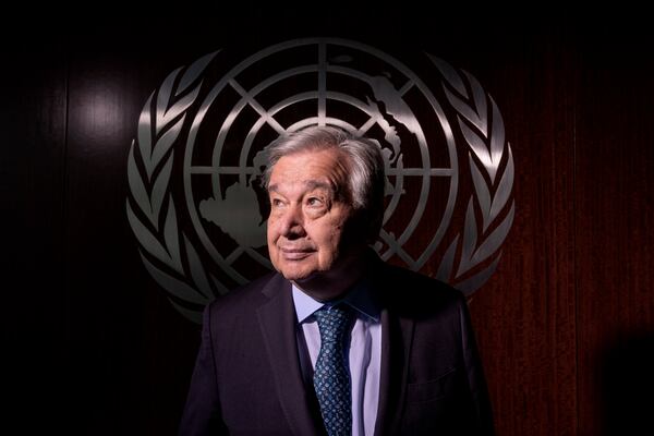 United Nations Secretary-General Antonio Guterres poses for a photograph at the United Nations headquarters on Tuesday, July 22, 2025, in New York. (AP Photo/Adam Gray)