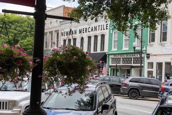 A view of downtown Newnan, where the shuttered First Liberty Building and Loan was located. (Arvin Temkar/AJC)