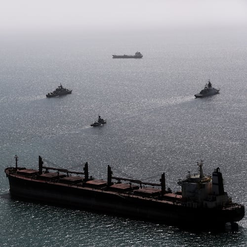 This image provided Thursday Feb. 19, 2026 by the Iranian military and dated Tuesday, Feb. 17, 2025, shows navy ships conducting operations during a join drill by Iranian and Russian forces in the Indian Ocean.(Masoud Nazari Mehrabi/Iranian Army via AP)