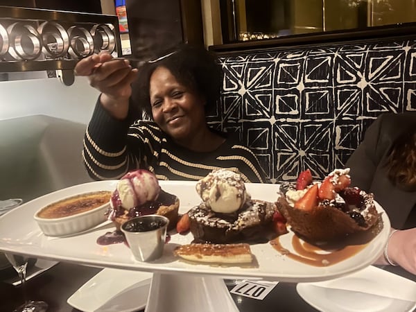 Nicole Boynton enjoys her first dessert after being released Jan. 5 from prison, where she served 23 years. (Courtesy of Alston & Bird)