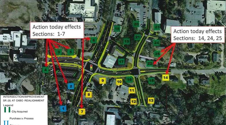 Map depicts some of the many pieces of land in downtown Roswell that the city is assembling for a new intersection of Atlanta Street and Oxbo Road and a realigned Oxbo. CITY OF ROSWELL