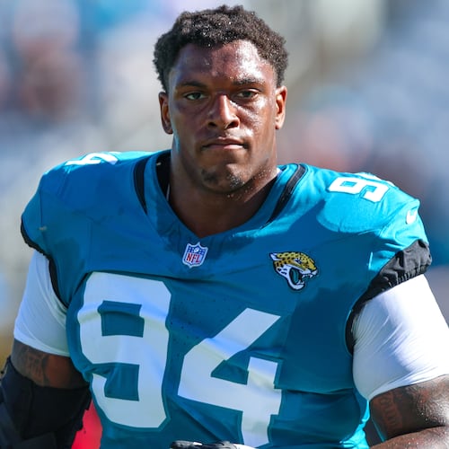 FILE - Jacksonville Jaguars defensive tackle Maason Smith (94) leaves the field after warm-ups before an NFL football game against the New York Jets, Sunday, Dec. 14, 2025, in Jacksonville, Fla. (AP Photo/Gary McCullough, File)